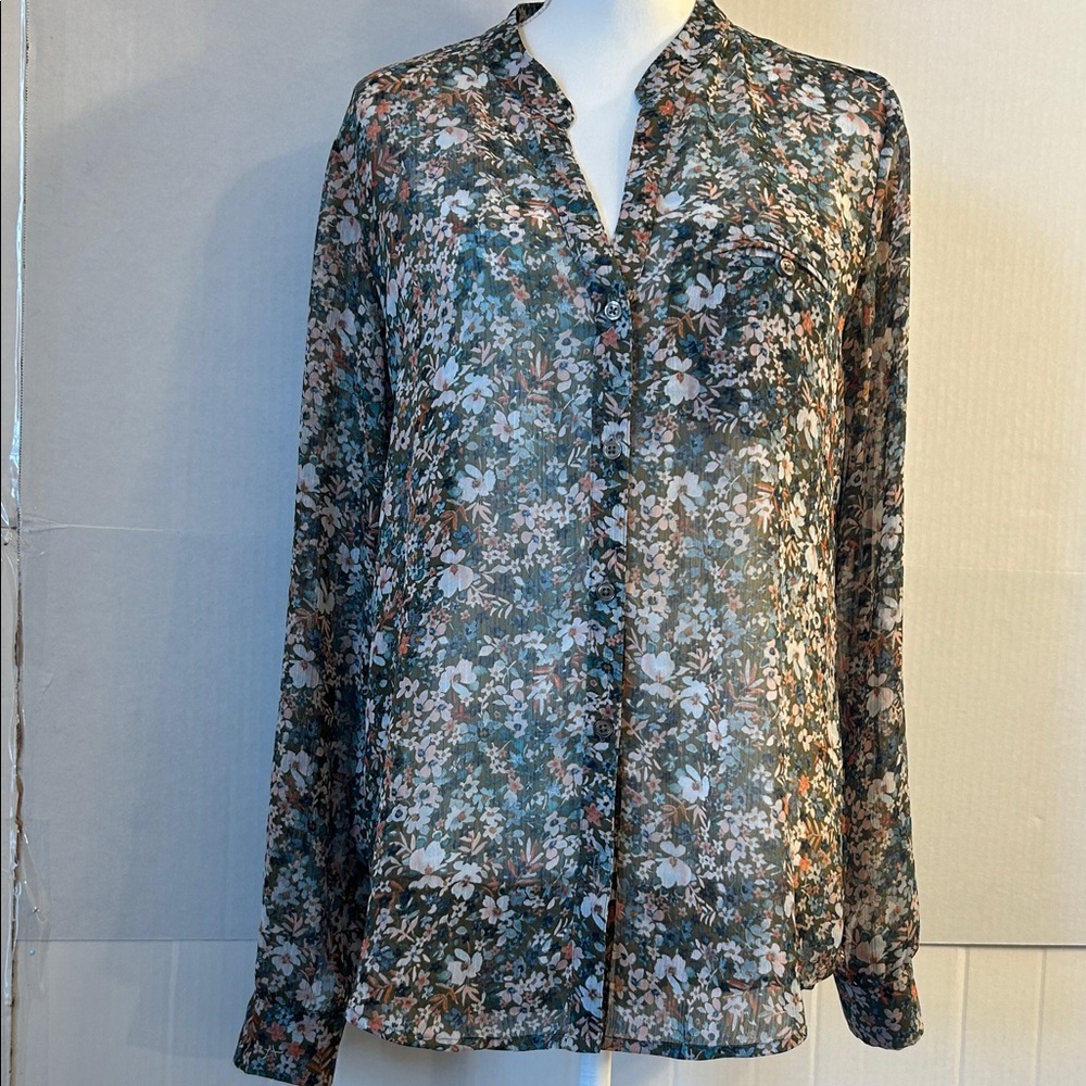 Kut from the Kloth Women’s L/S Green Floral Button Down Semi Sheer Shirt Sz L